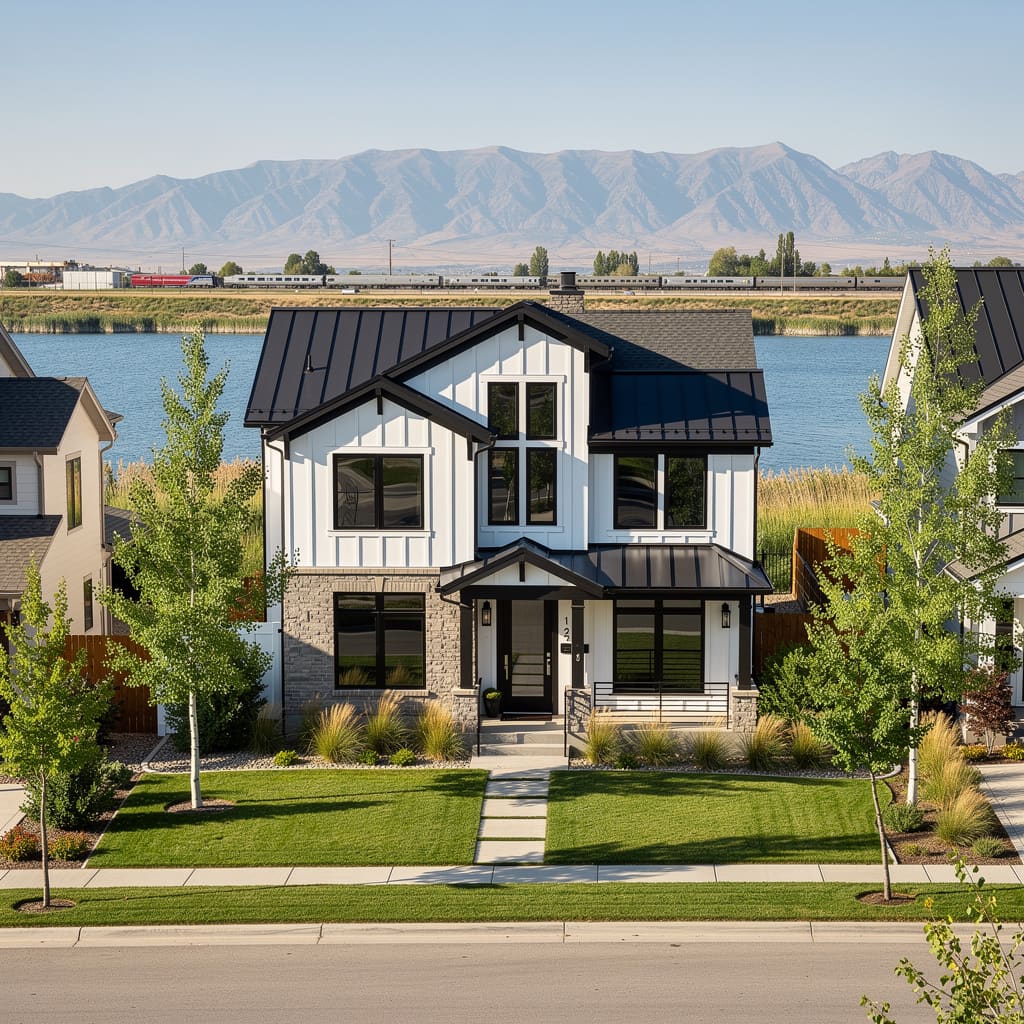 A Studio McGee-style luxury home exterior in Vineyard, UT — Salt and Slate Cleaning Company