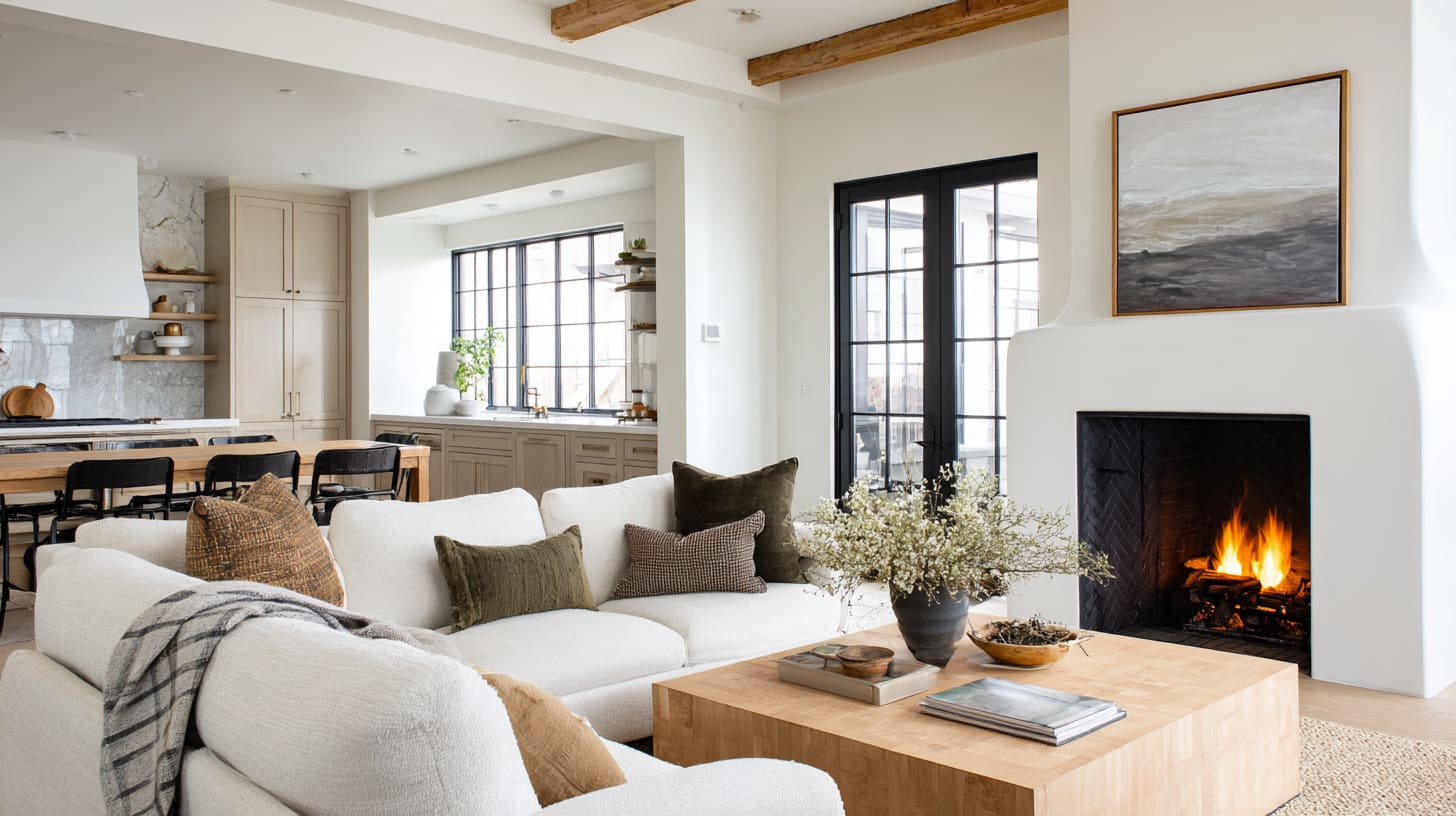 Studio McGee-style living room with white sectional, wood beams, and herringbone fireplace, freshly cleaned by Salt & Slate