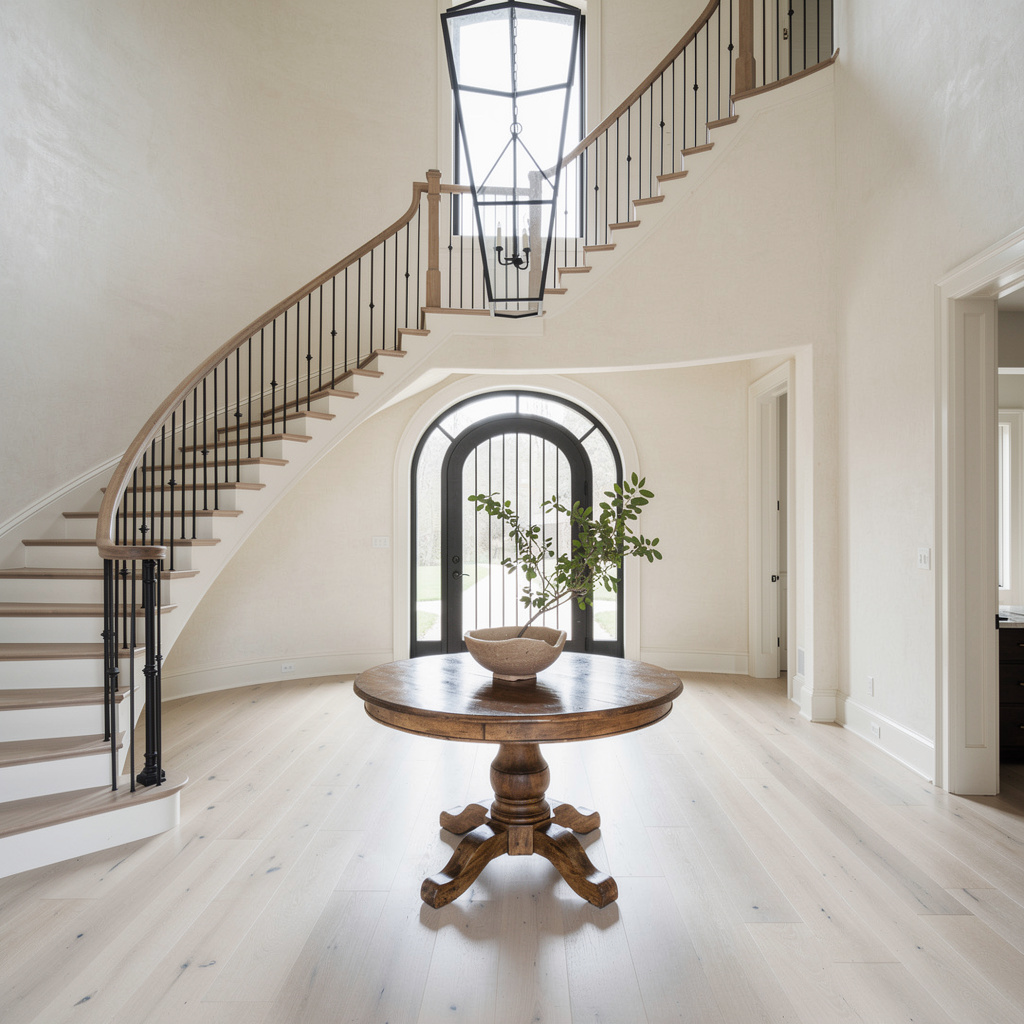 Studio McGee-style entryway with grand oak staircase, freshly cleaned by Salt & Slate