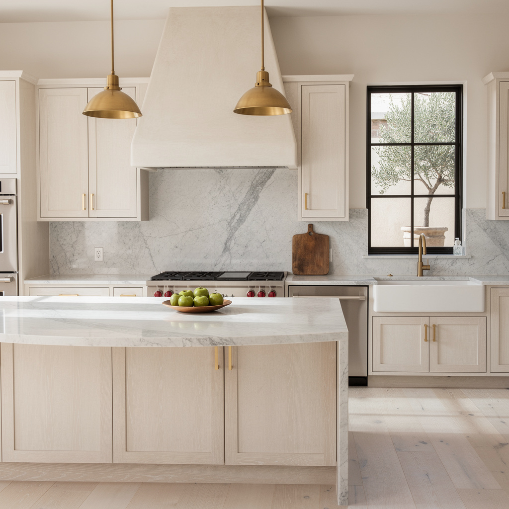 Pristine Studio McGee-style kitchen with marble waterfall island and brass pendants, freshly cleaned by Salt & Slate