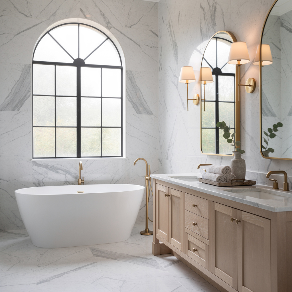 Pristine Studio McGee-style primary bathroom with marble and freestanding tub, freshly cleaned by Salt & Slate