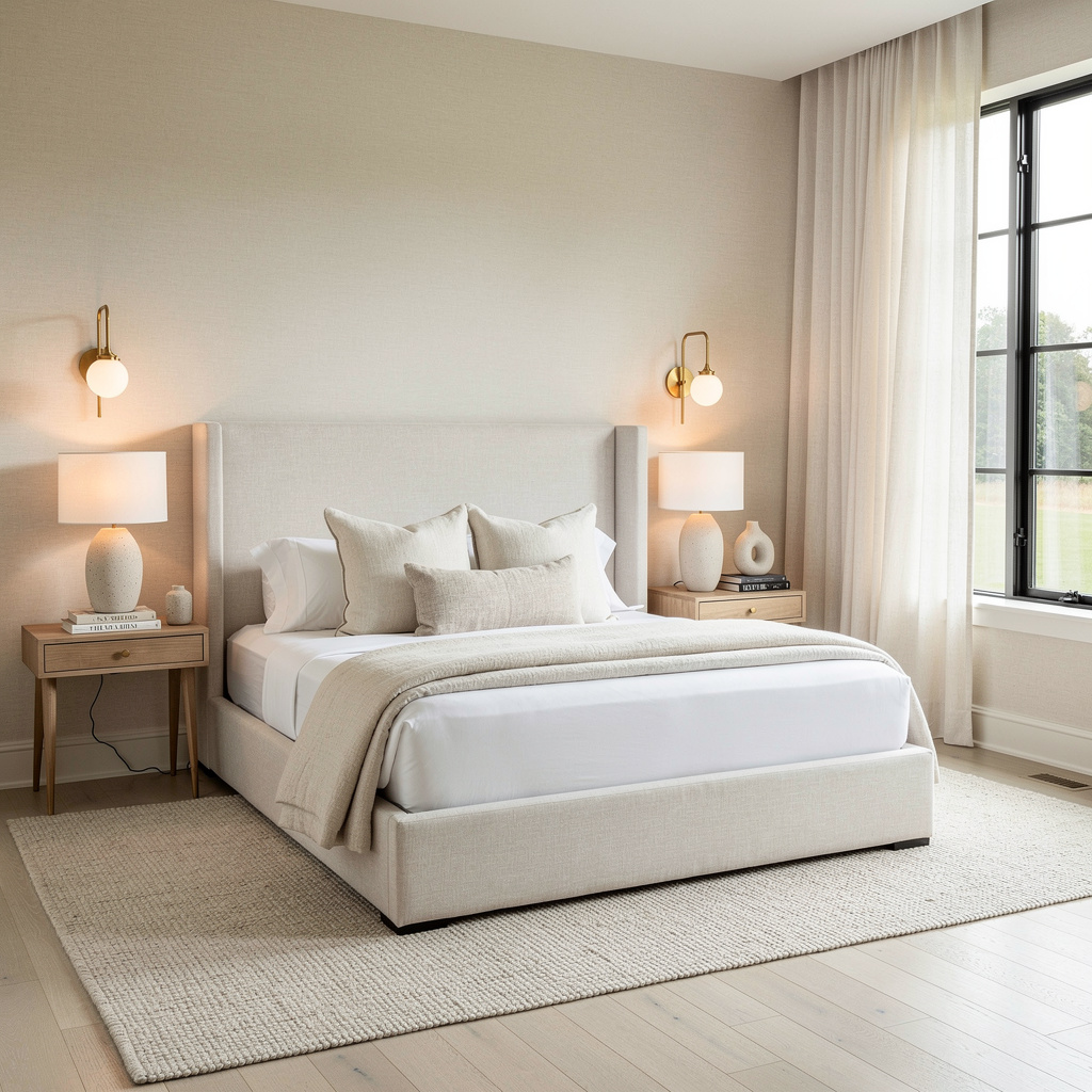 Pristine Studio McGee-style primary bedroom with made bed and linen bedding, freshly cleaned by Salt & Slate