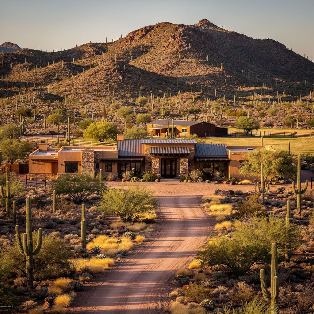 A Studio McGee-style luxury home exterior in the Desert Hills neighborhood of Cave Creek, AZ — premium home cleaning by Salt and Slate