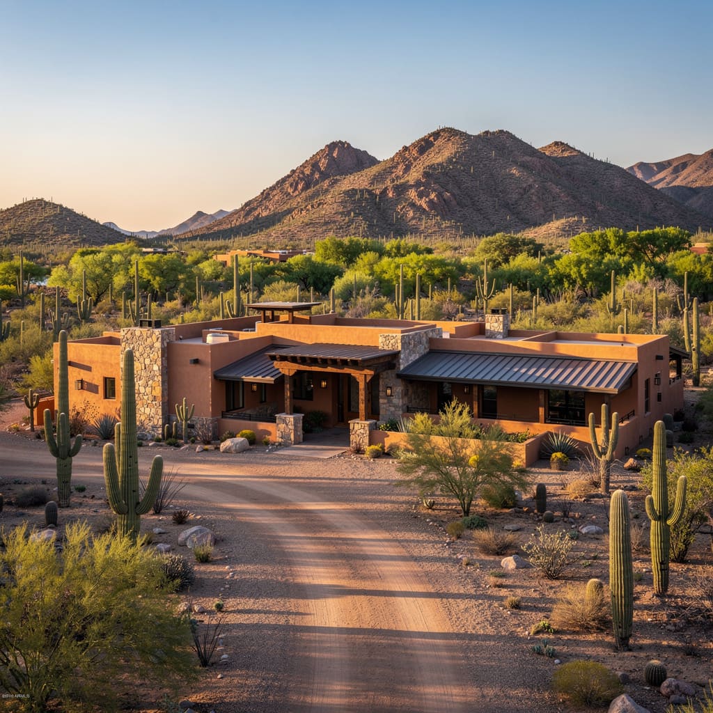 A Studio McGee-style luxury home exterior in the Spur Cross Ranch neighborhood of Cave Creek, AZ — premium home cleaning by Salt and Slate