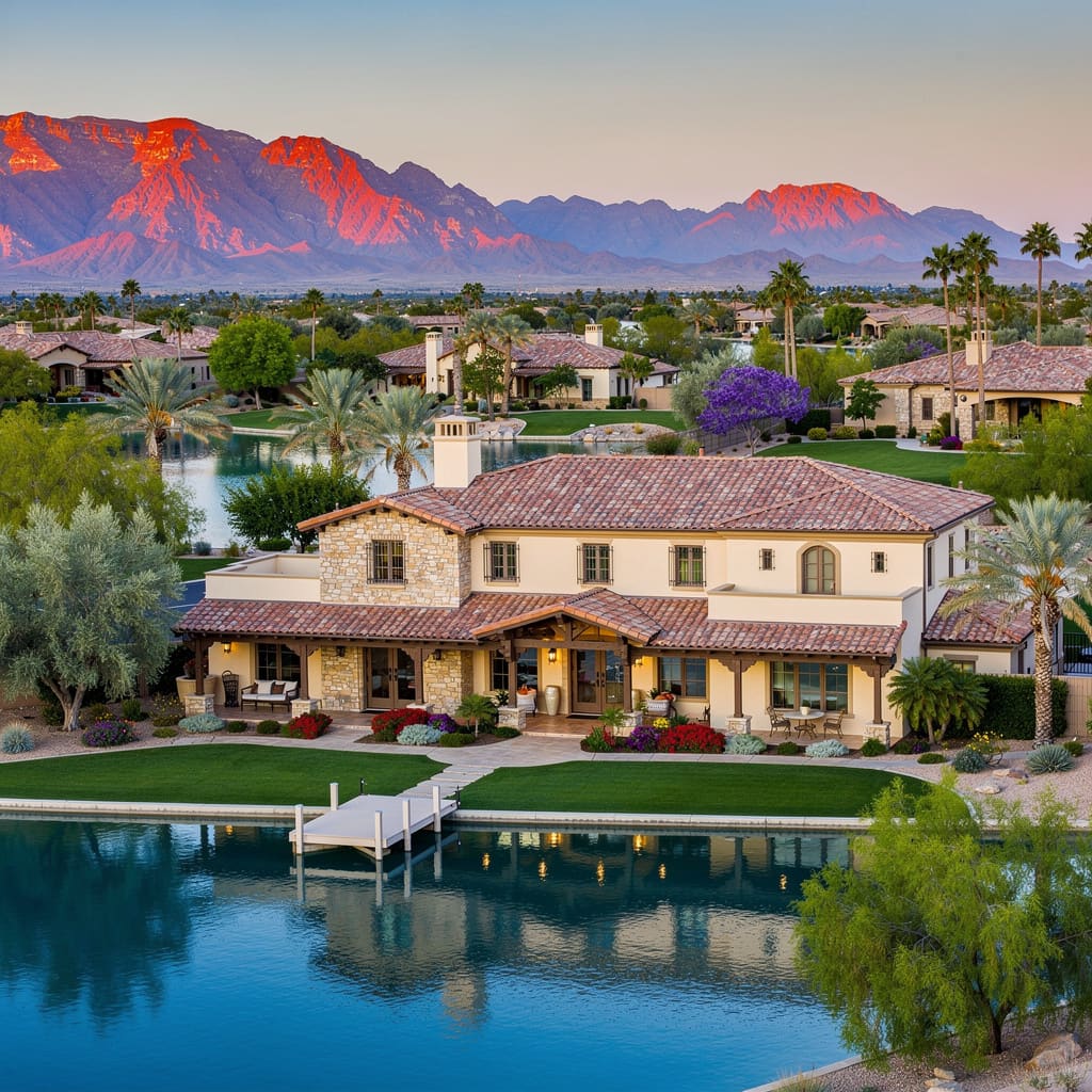 A Studio McGee-style luxury home exterior in the Fulton Ranch neighborhood of Chandler, AZ — premium home cleaning by Salt and Slate