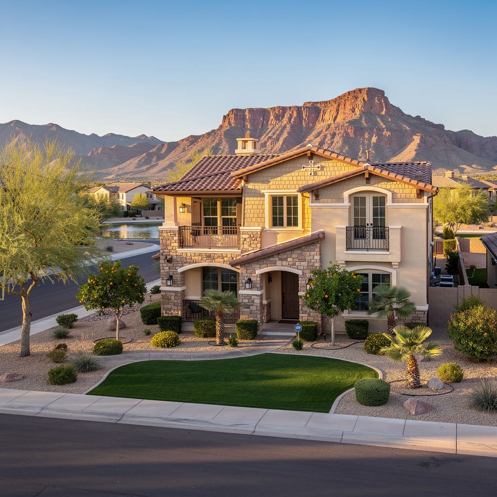 A Studio McGee-style luxury home exterior in the Power Ranch neighborhood of Gilbert, AZ — premium home cleaning by Salt and Slate