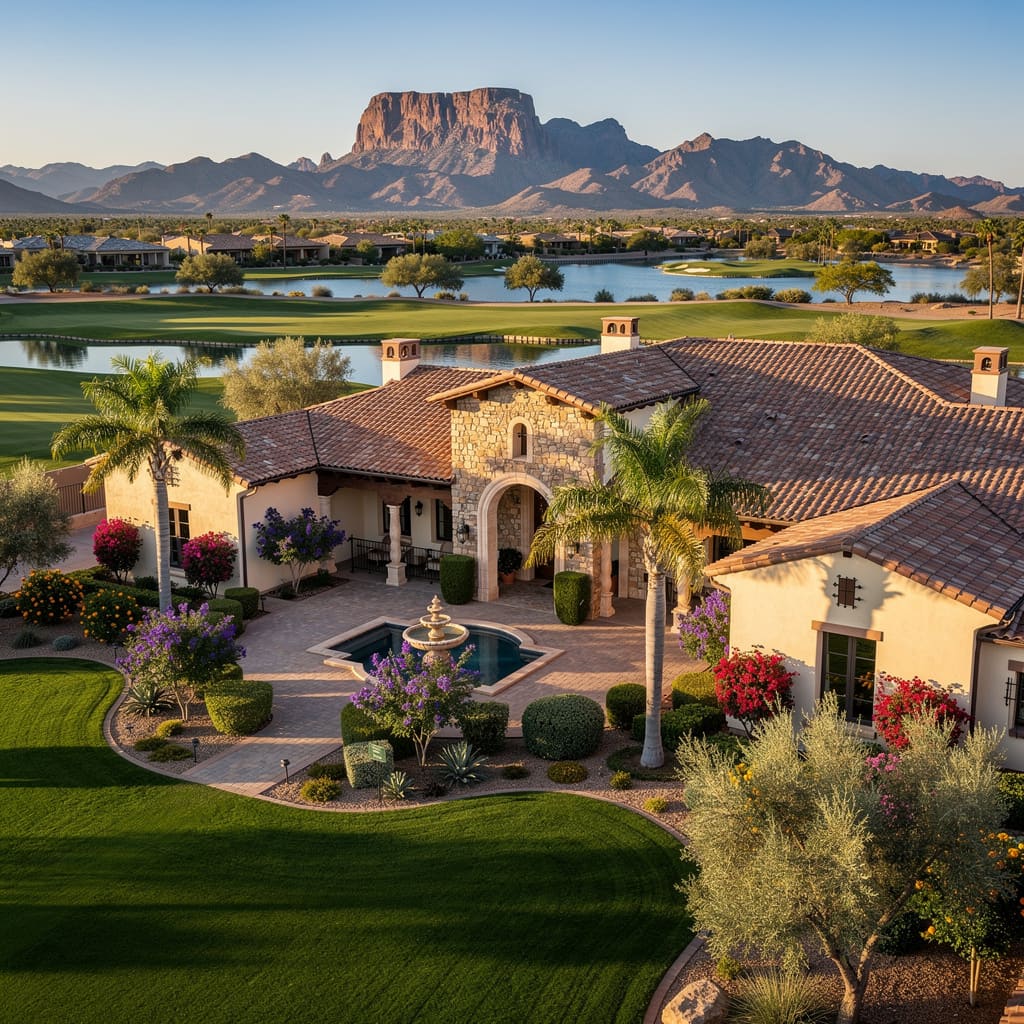 A Studio McGee-style luxury home exterior in the Seville neighborhood of Gilbert, AZ — premium home cleaning by Salt and Slate