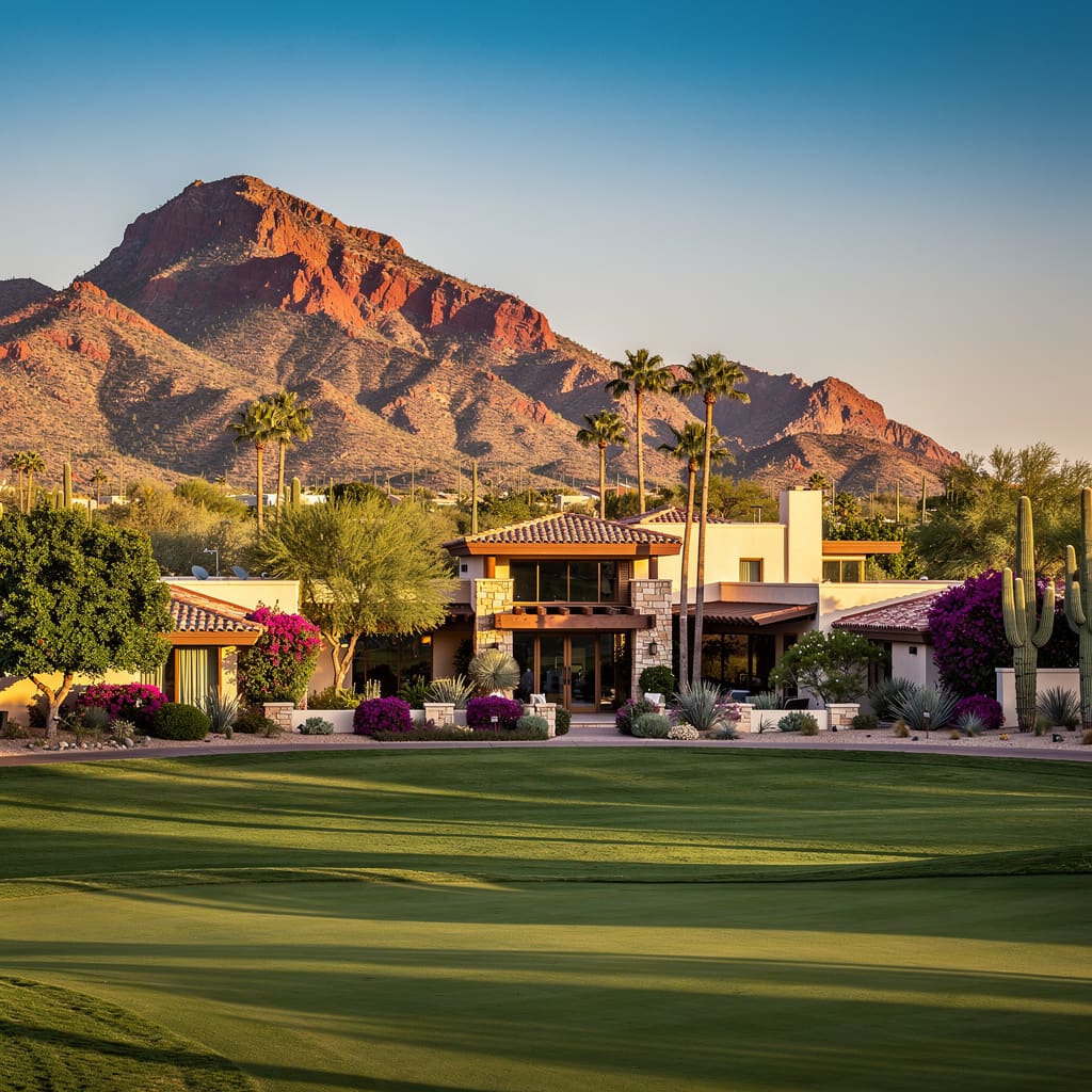 A Studio McGee-style luxury home exterior in the Camelback Country Club Estates neighborhood of Paradise Valley, AZ — premium home cleaning by Salt and Slate