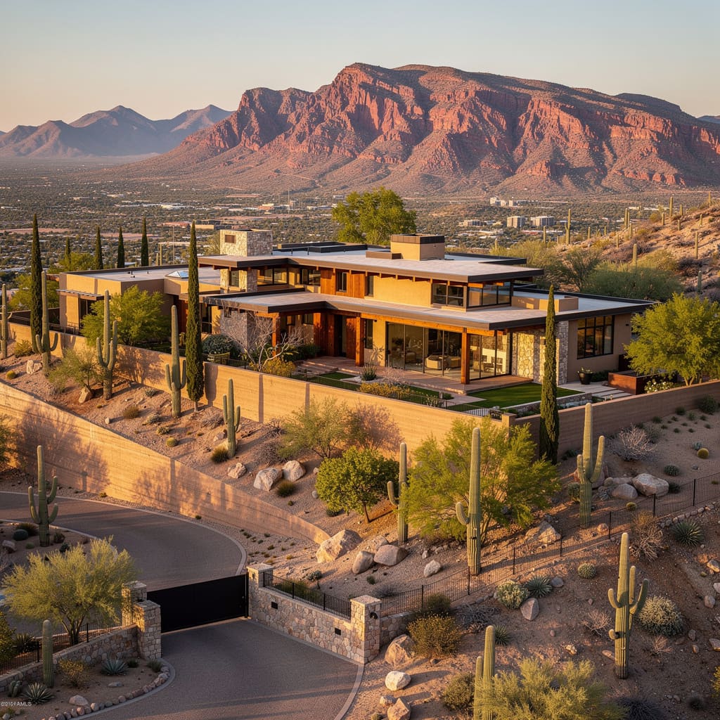 A Studio McGee-style luxury home exterior in the Clearwater Hills neighborhood of Paradise Valley, AZ — premium home cleaning by Salt and Slate