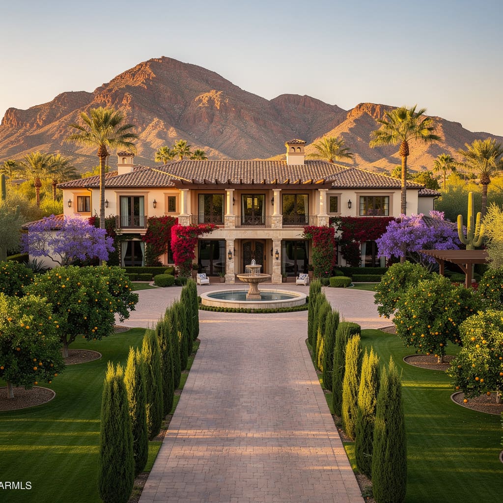 A Studio McGee-style luxury home exterior in the Morning Glory Estates neighborhood of Paradise Valley, AZ — premium home cleaning by Salt and Slate