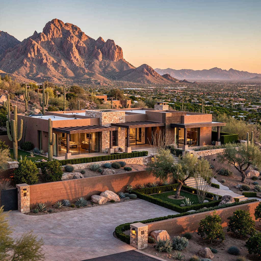 A Studio McGee-style luxury home exterior in the Mummy Mountain neighborhood of Paradise Valley, AZ — premium home cleaning by Salt and Slate