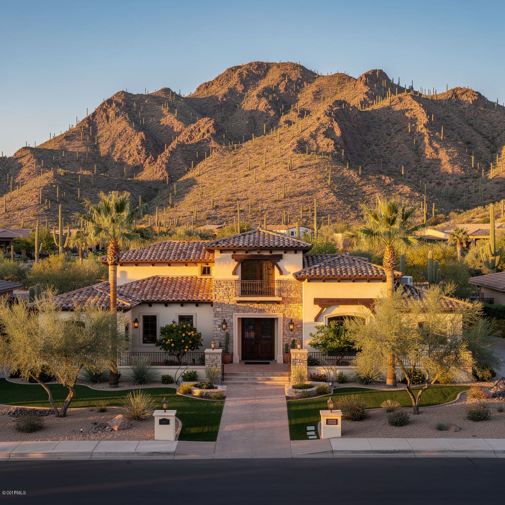 A Studio McGee-style luxury home exterior in the Ahwatukee Foothills neighborhood of Phoenix, AZ — premium home cleaning by Salt and Slate