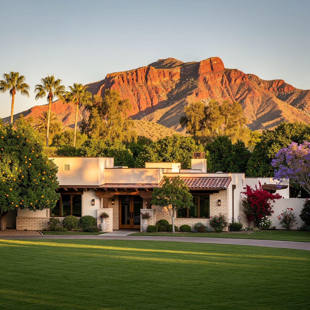 A Studio McGee-style luxury home exterior in the Arcadia neighborhood of Phoenix, AZ — premium home cleaning by Salt and Slate