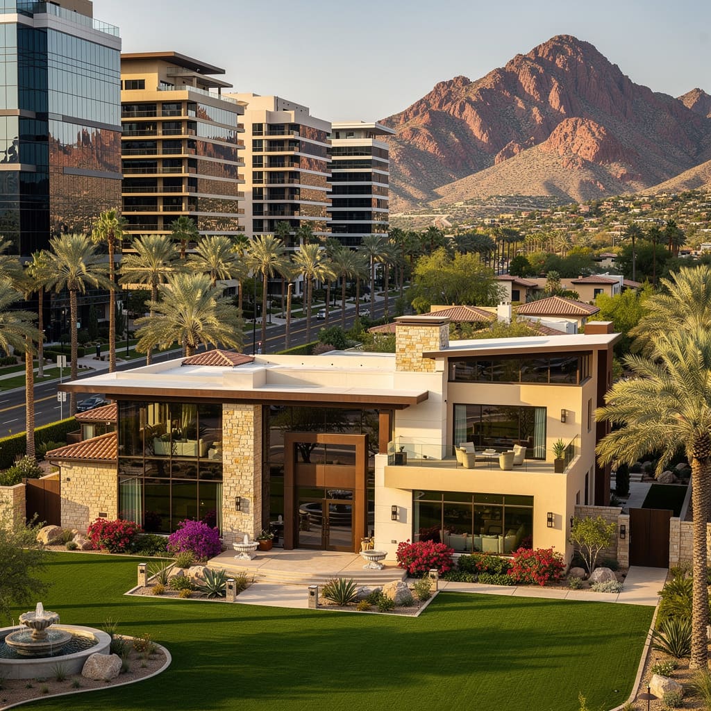 A Studio McGee-style luxury home exterior in the Camelback Corridor neighborhood of Phoenix, AZ — premium home cleaning by Salt and Slate