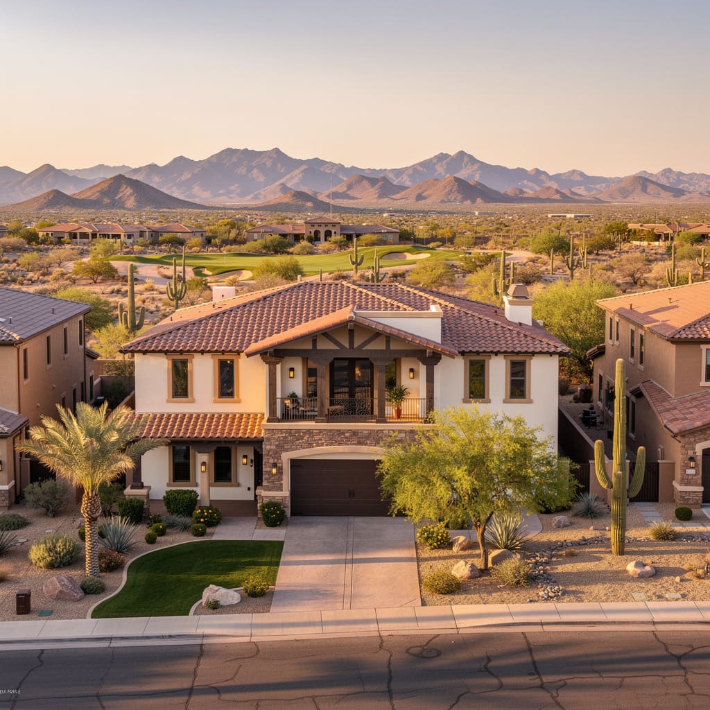 A Studio McGee-style luxury home exterior in the Desert Ridge neighborhood of Phoenix, AZ — premium home cleaning by Salt and Slate