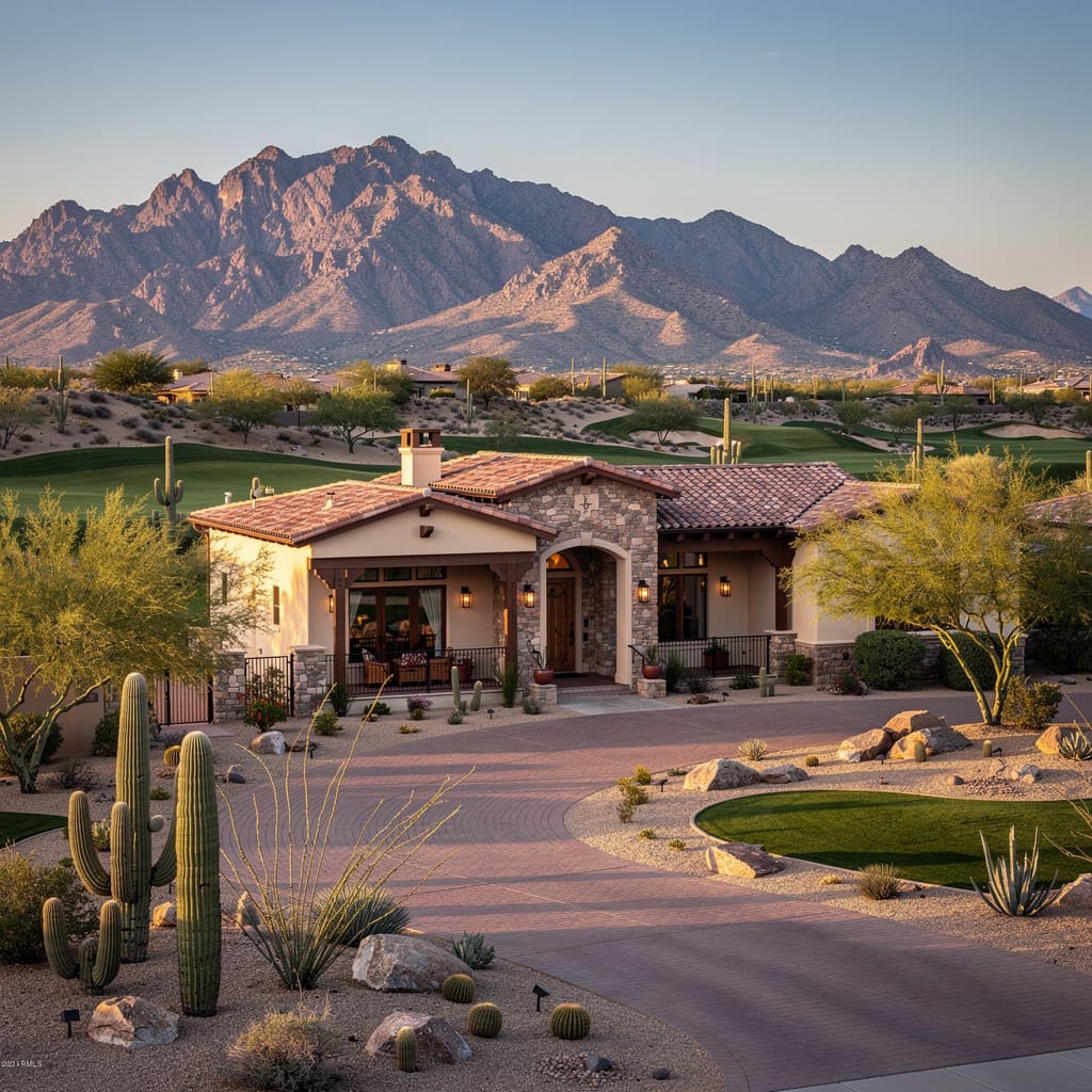 A Studio McGee-style luxury home exterior in the Ancala neighborhood of Scottsdale, AZ — premium home cleaning by Salt and Slate