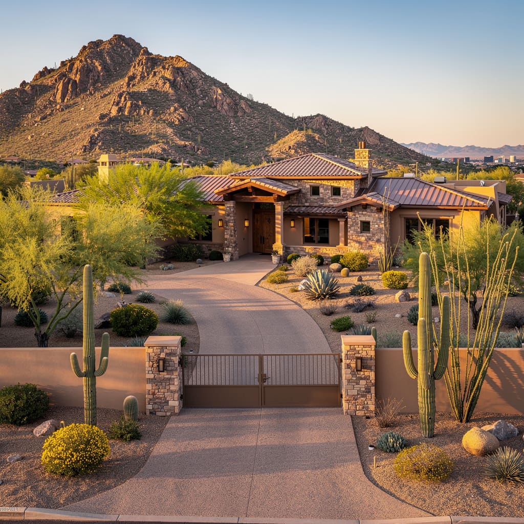 A Studio McGee-style luxury home exterior in the DC Ranch neighborhood of Scottsdale, AZ — premium home cleaning by Salt and Slate