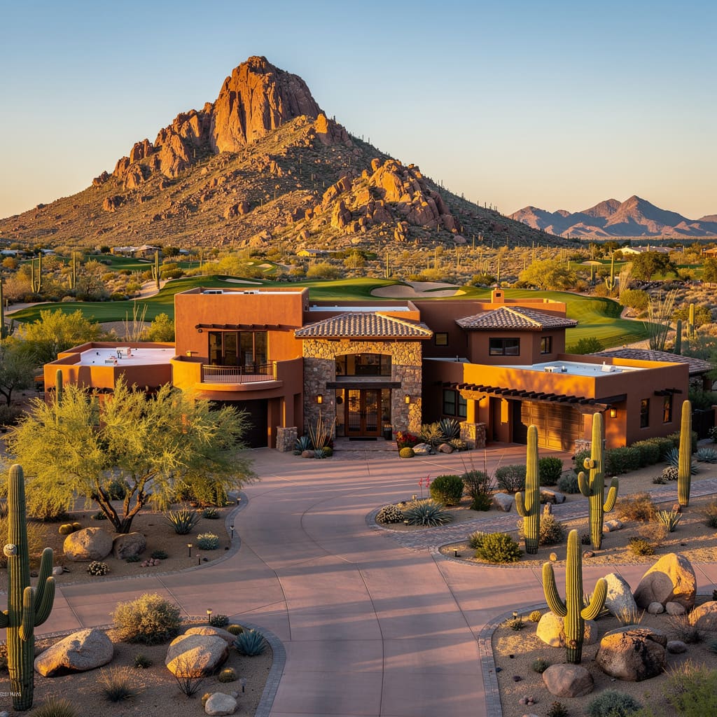 A Studio McGee-style luxury home exterior in the Desert Highlands neighborhood of Scottsdale, AZ — premium home cleaning by Salt and Slate