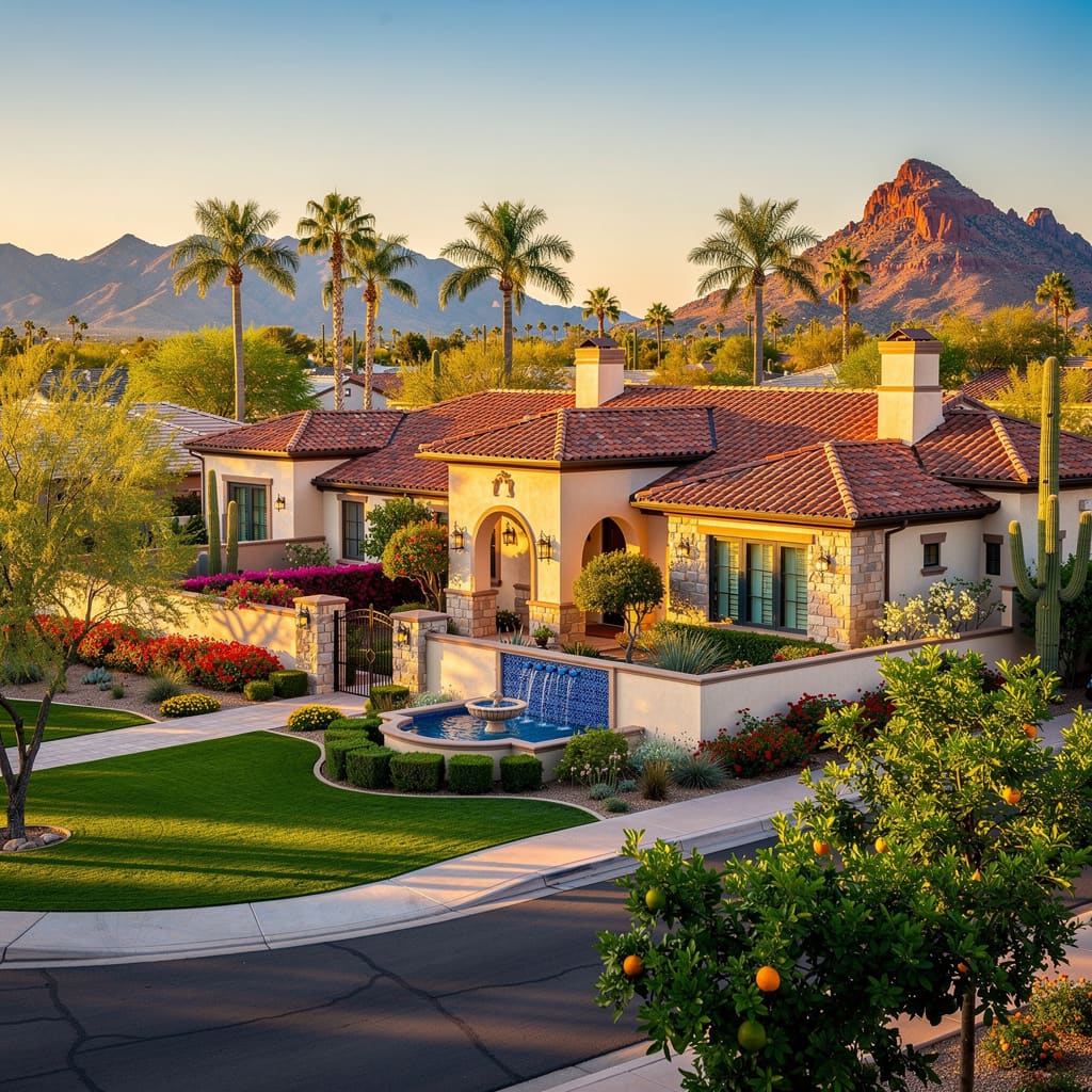 A Studio McGee-style luxury home exterior in the Gainey Ranch neighborhood of Scottsdale, AZ — premium home cleaning by Salt and Slate