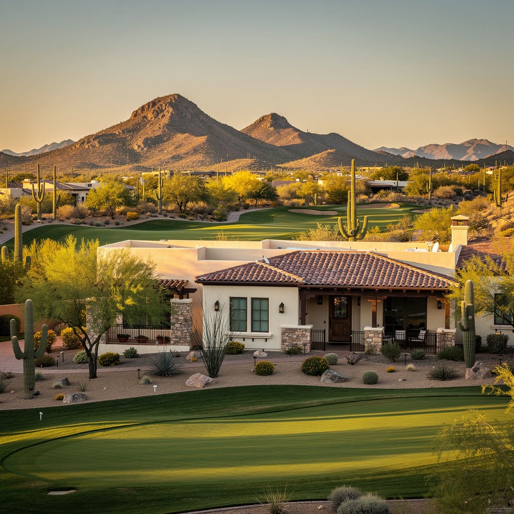 A Studio McGee-style luxury home exterior in the Legend Trail neighborhood of Scottsdale, AZ — premium home cleaning by Salt and Slate