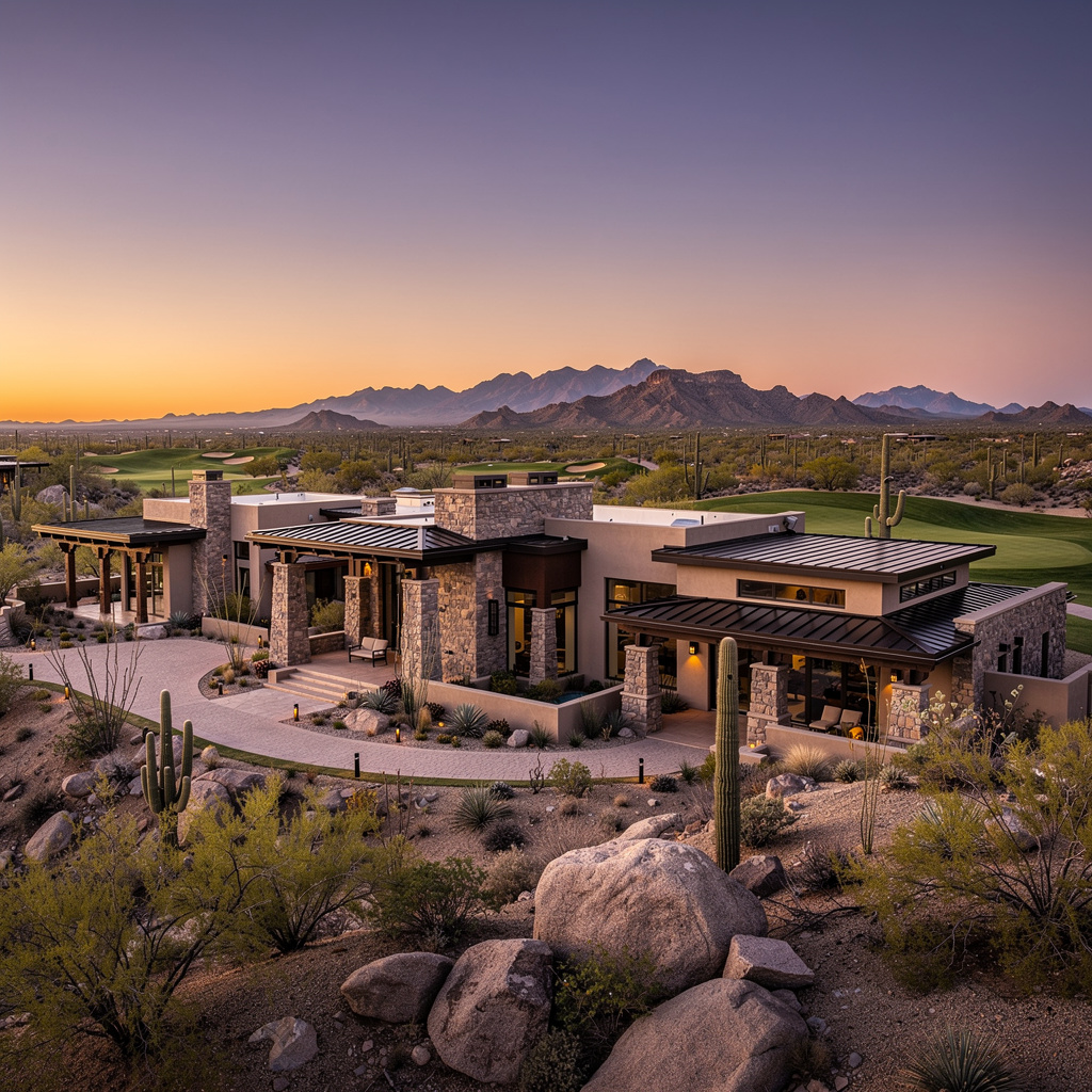 A Studio McGee-style luxury home exterior in the Mirabel neighborhood of Scottsdale, AZ — premium home cleaning by Salt and Slate