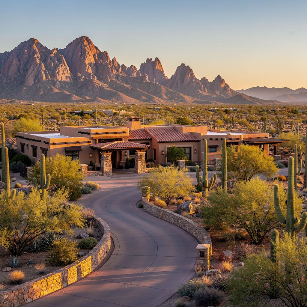 A Studio McGee-style luxury home exterior in the Pinnacle Peak Estates neighborhood of Scottsdale, AZ — premium home cleaning by Salt and Slate