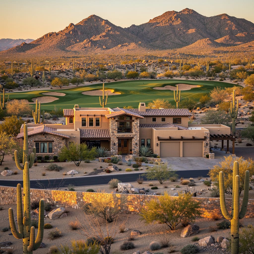 A Studio McGee-style luxury home exterior in the Troon North neighborhood of Scottsdale, AZ — premium home cleaning by Salt and Slate