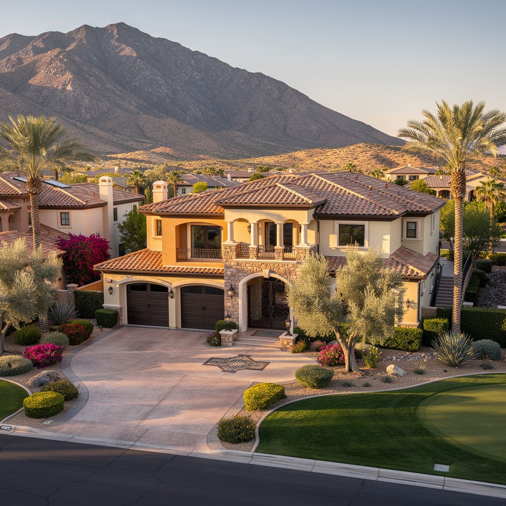 A Studio McGee-style luxury home exterior in the Anthem neighborhood of Henderson, NV — premium home cleaning by Salt and Slate