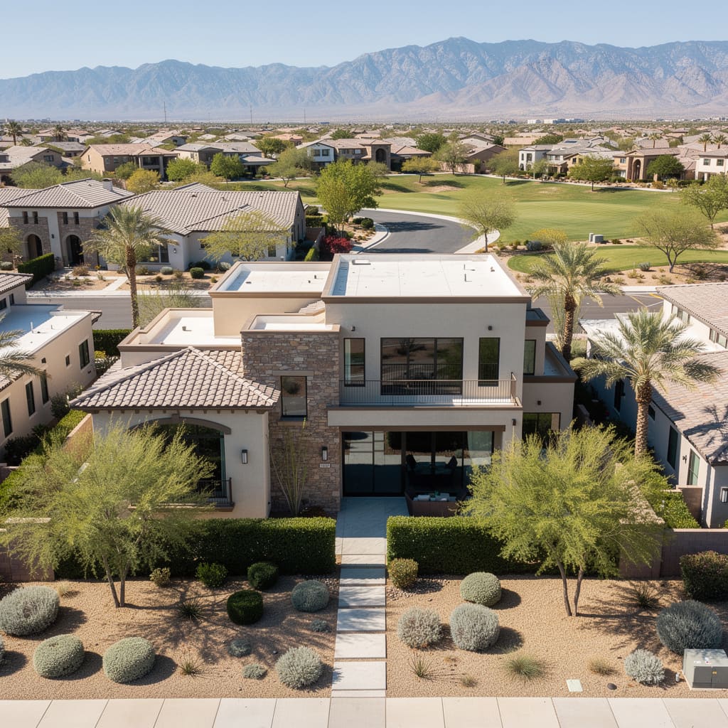 A Studio McGee-style luxury home exterior in the Cadence neighborhood of Henderson, NV — premium home cleaning by Salt and Slate
