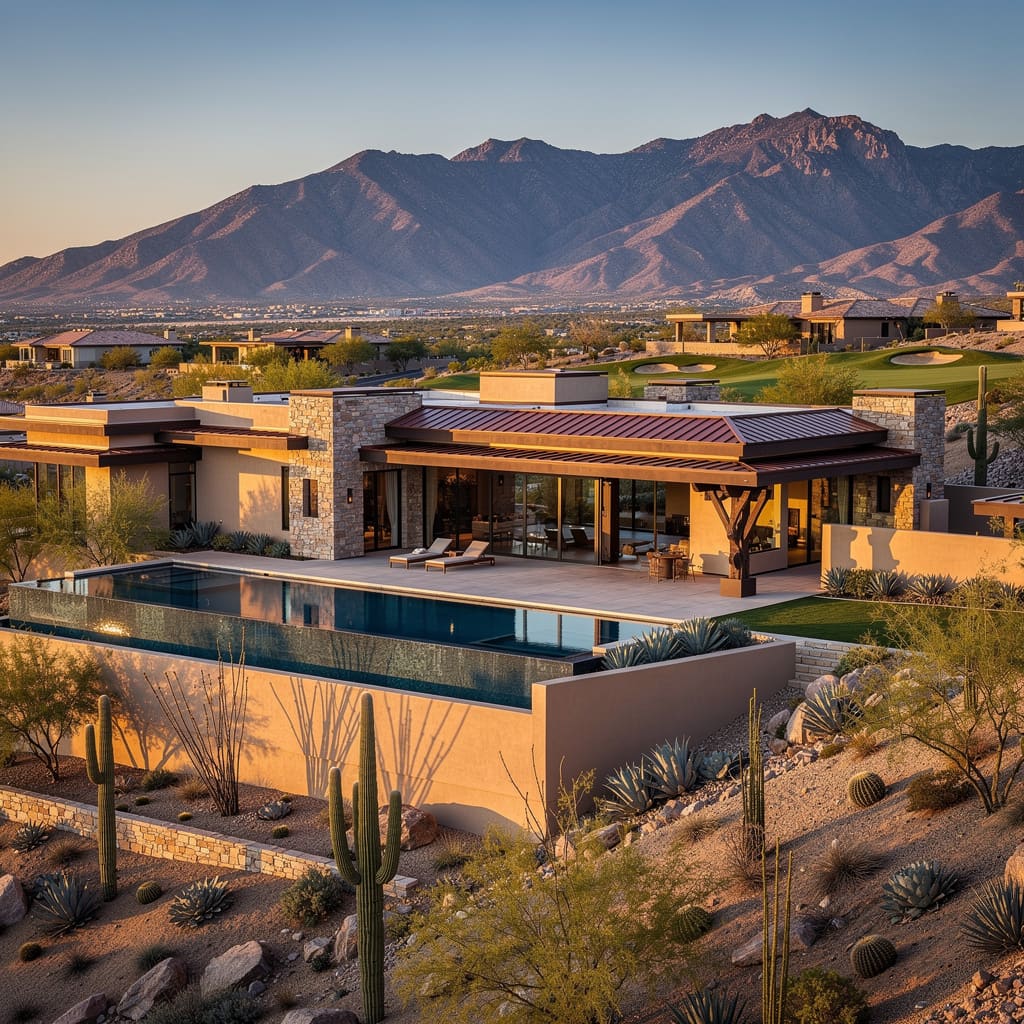 A Studio McGee-style luxury home exterior in the MacDonald Highlands neighborhood of Henderson, NV — premium home cleaning by Salt and Slate
