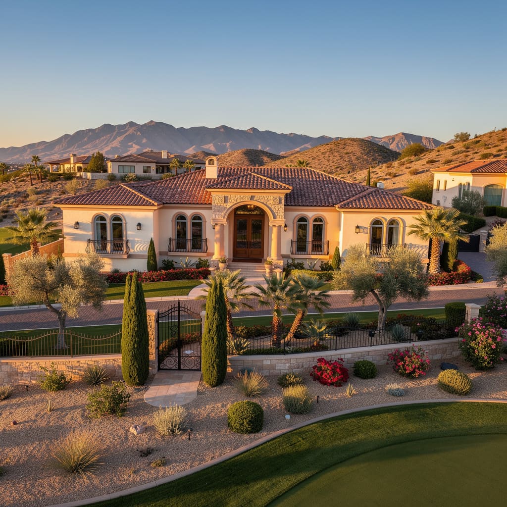 A Studio McGee-style luxury home exterior in the Seven Hills neighborhood of Henderson, NV — premium home cleaning by Salt and Slate