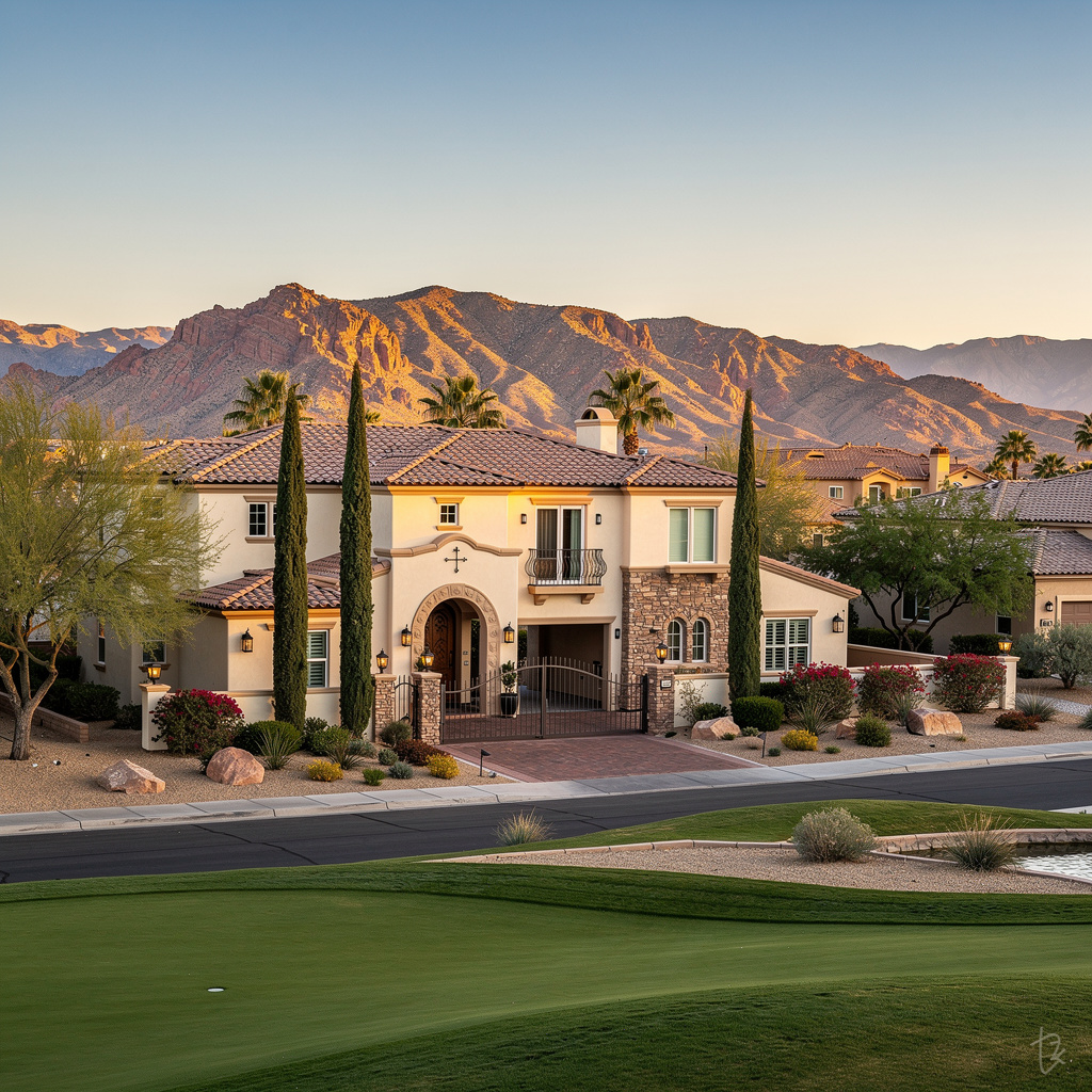 A Studio McGee-style luxury home exterior in the Canyon Gate neighborhood of Las Vegas, NV — premium home cleaning by Salt and Slate