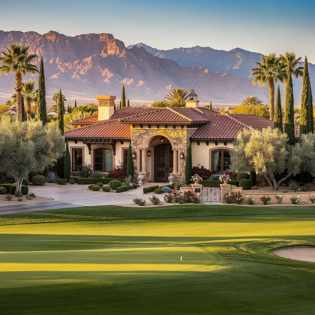 A Studio McGee-style luxury home exterior in the Country Club Hills neighborhood of Las Vegas, NV — premium home cleaning by Salt and Slate