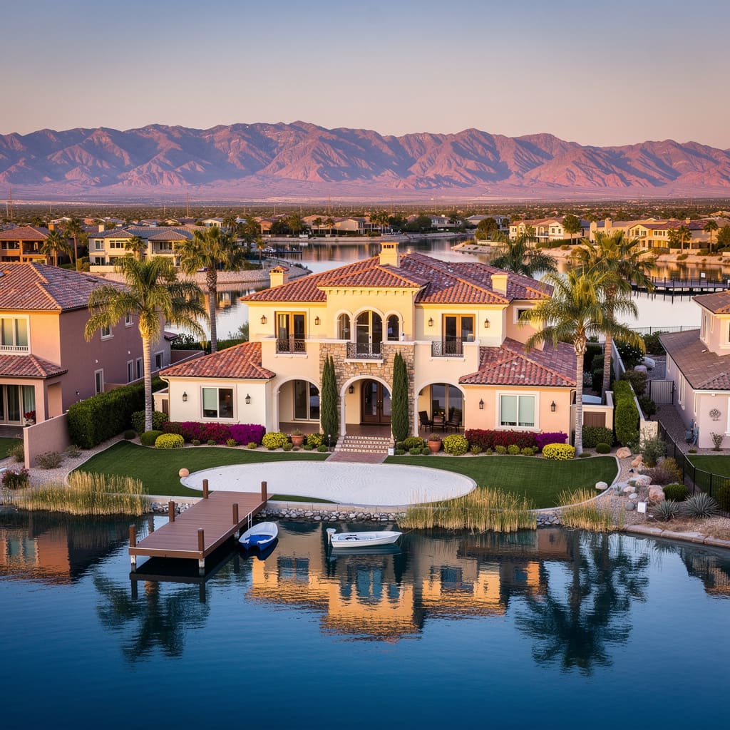 A Studio McGee-style luxury home exterior in the Desert Shores neighborhood of Las Vegas, NV — premium home cleaning by Salt and Slate