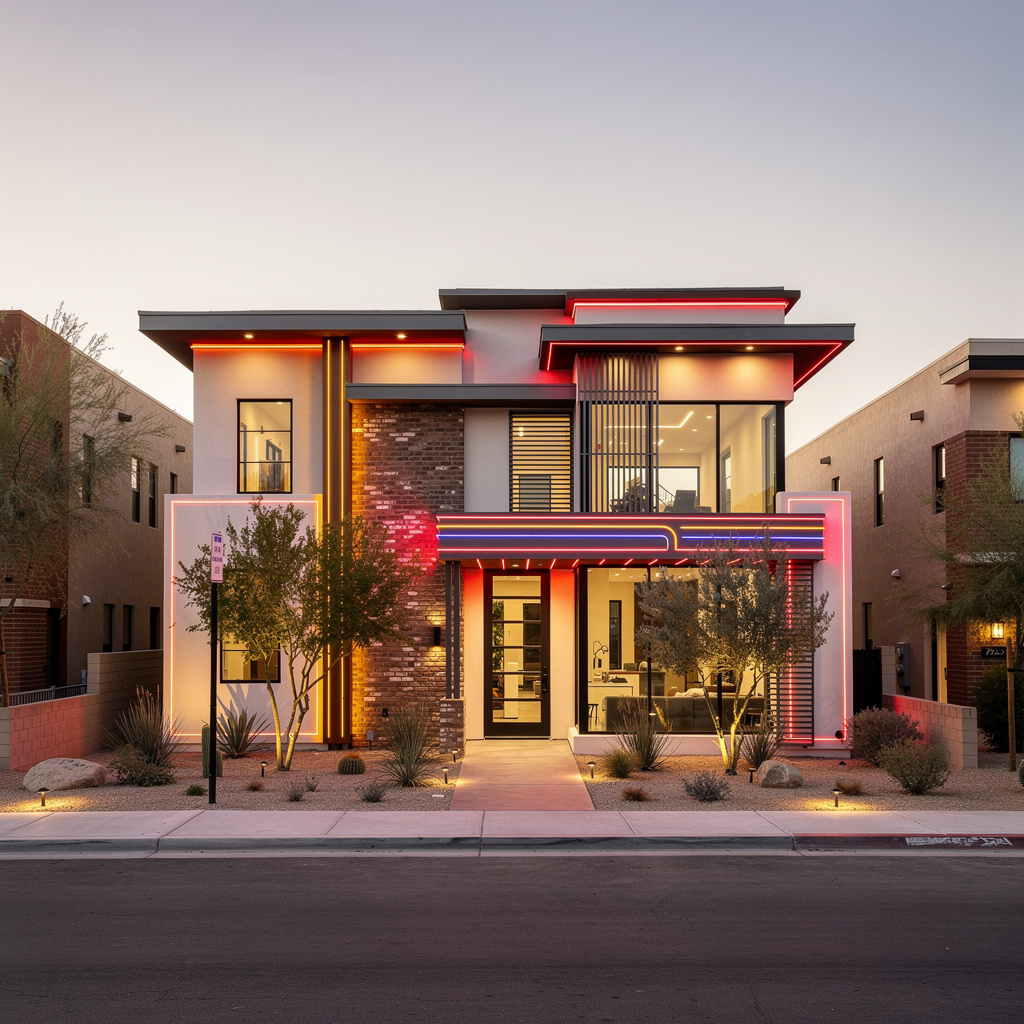 A Studio McGee-style luxury home exterior in the Downtown Fremont neighborhood of Las Vegas, NV — premium home cleaning by Salt and Slate