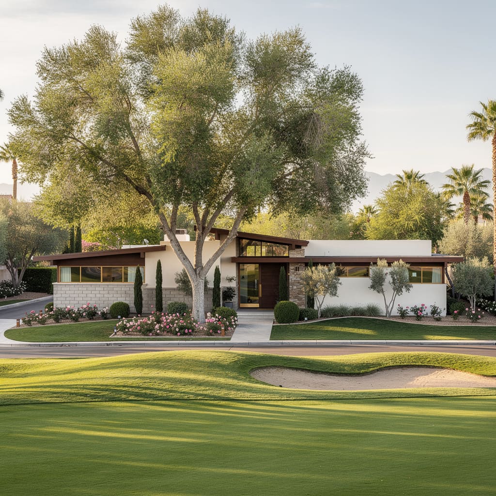 A Studio McGee-style luxury home exterior in the Las Vegas Country Club neighborhood of Las Vegas, NV — premium home cleaning by Salt and Slate