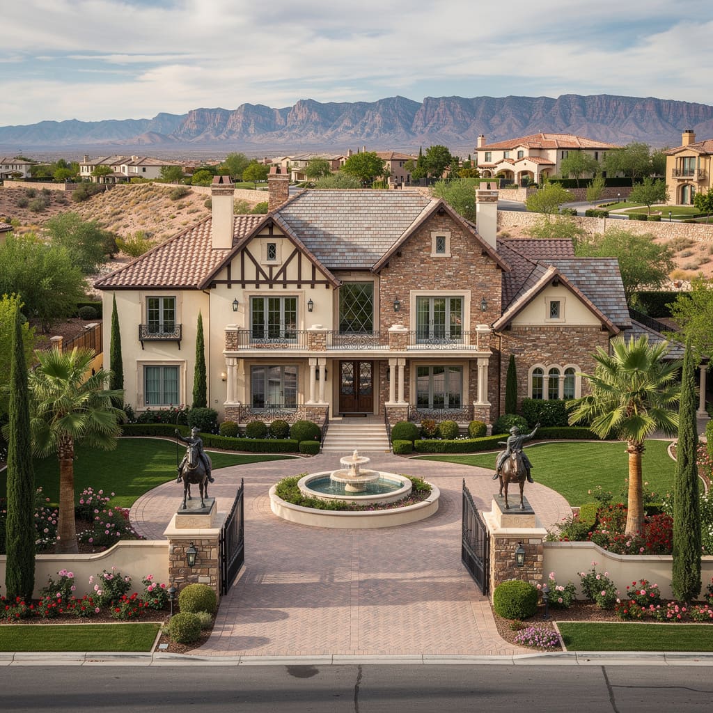 A Studio McGee-style luxury home exterior in the Queensridge neighborhood of Las Vegas, NV — premium home cleaning by Salt and Slate