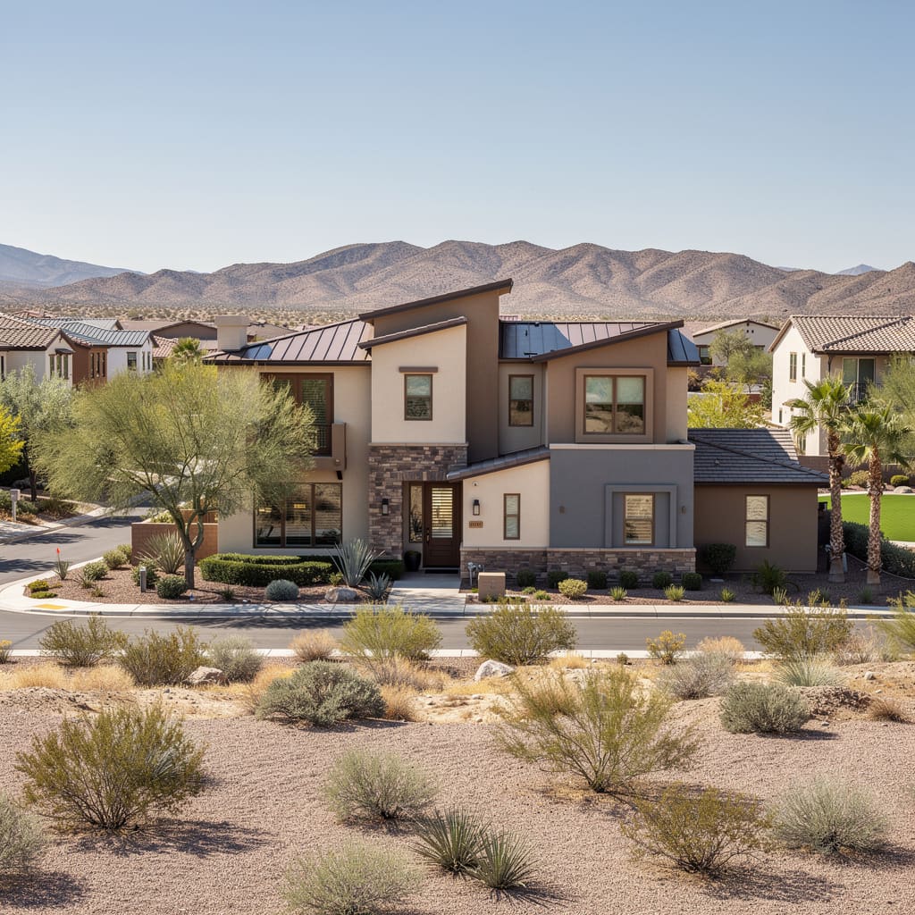 A Studio McGee-style luxury home exterior in the Skye Canyon neighborhood of Las Vegas, NV — premium home cleaning by Salt and Slate