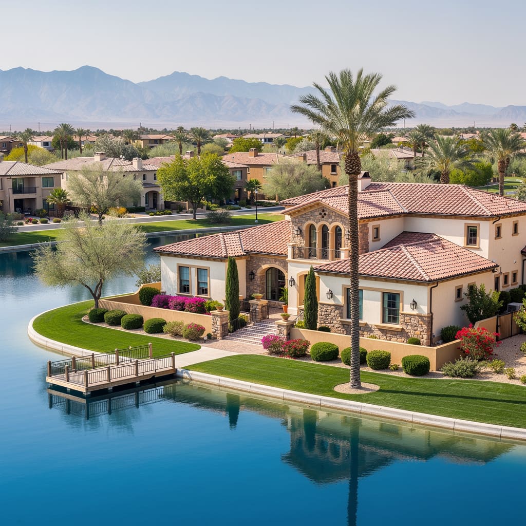 A Studio McGee-style luxury home exterior in the The Lakes neighborhood of Las Vegas, NV — premium home cleaning by Salt and Slate
