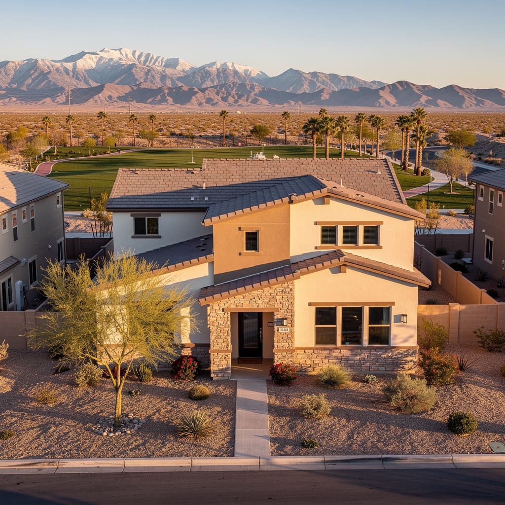 A Studio McGee-style luxury home exterior in the Valley Vista neighborhood of North Las Vegas, NV — premium home cleaning by Salt and Slate
