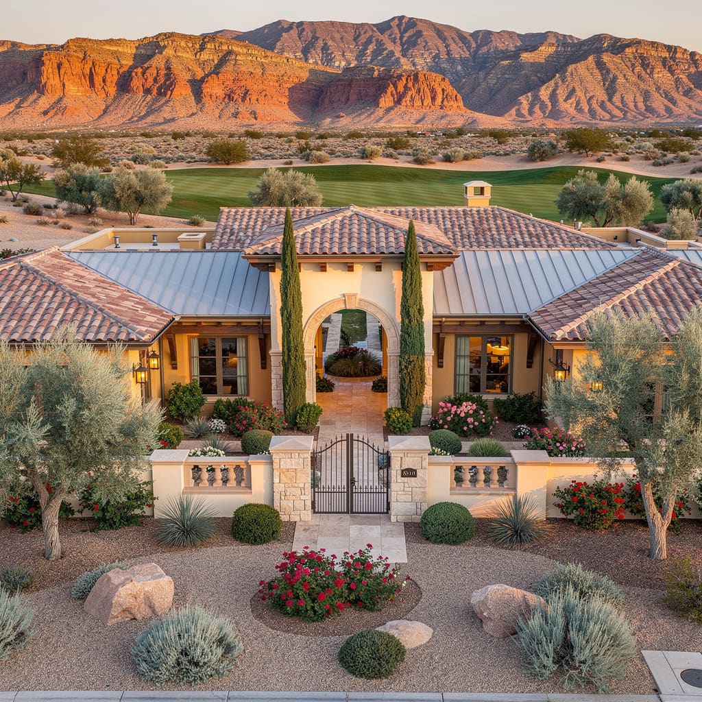 A Studio McGee-style luxury home exterior in the Red Rock Country Club neighborhood of Summerlin, NV — premium home cleaning by Salt and Slate