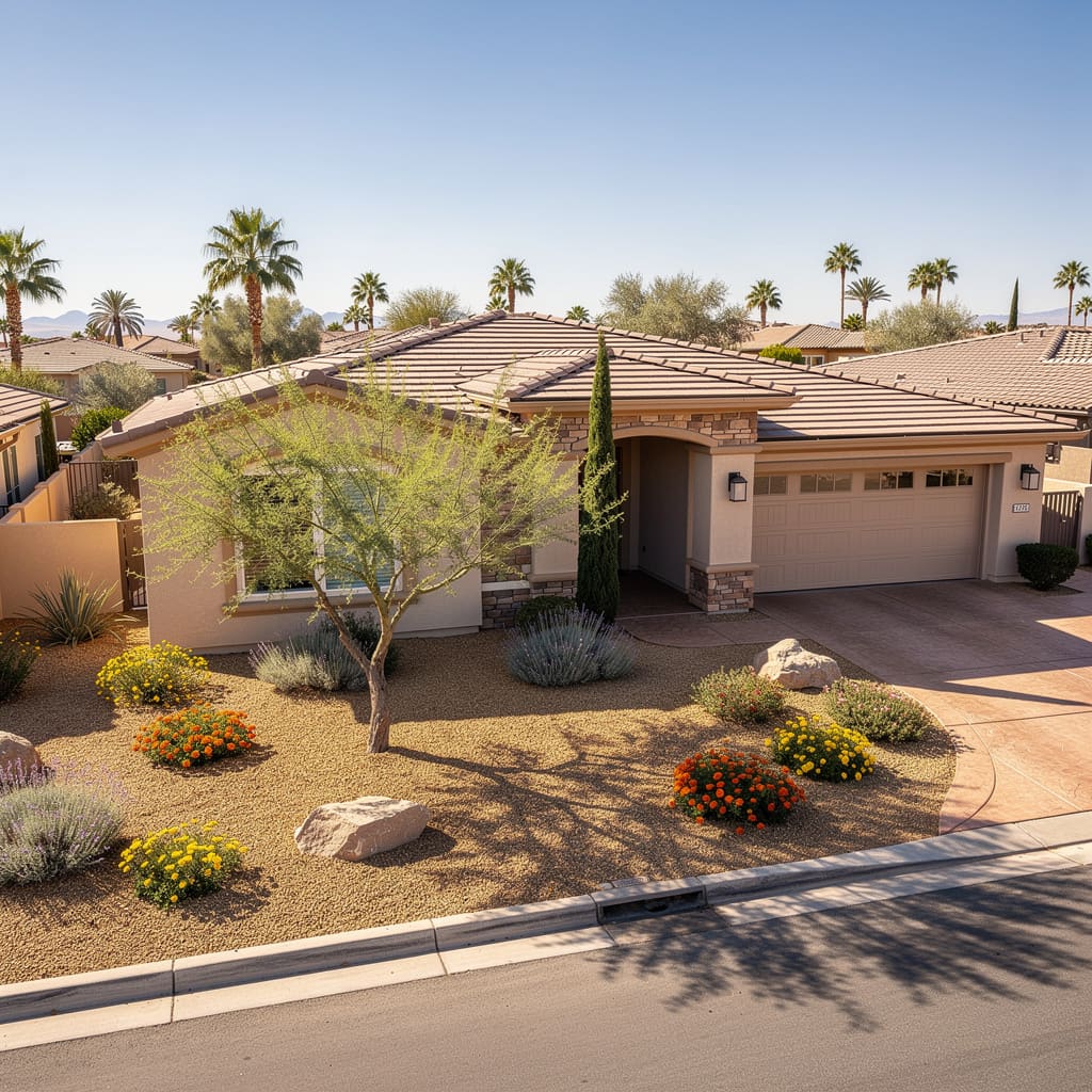 A Studio McGee-style luxury home exterior in the Sun City Summerlin neighborhood of Summerlin, NV — premium home cleaning by Salt and Slate