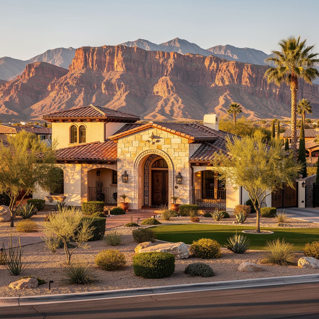 A Studio McGee-style luxury home exterior in the The Paseos neighborhood of Summerlin, NV — premium home cleaning by Salt and Slate