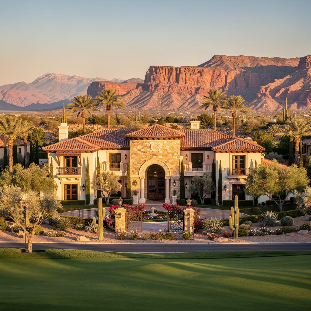 A Studio McGee-style luxury home exterior in the Tournament Hills neighborhood of Summerlin, NV — premium home cleaning by Salt and Slate