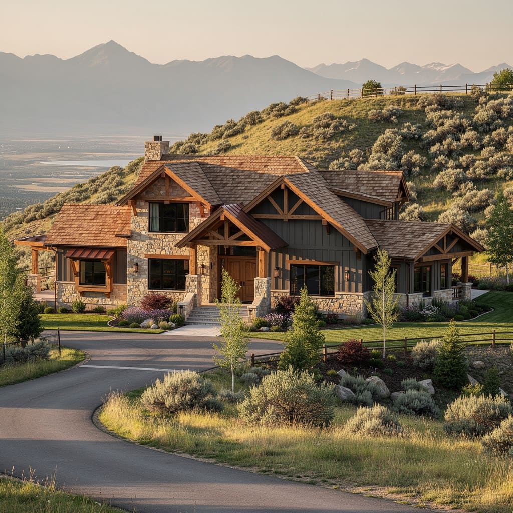 A Studio McGee-style luxury home exterior in the Alpine Cove neighborhood of Alpine, UT — premium home cleaning by Salt and Slate