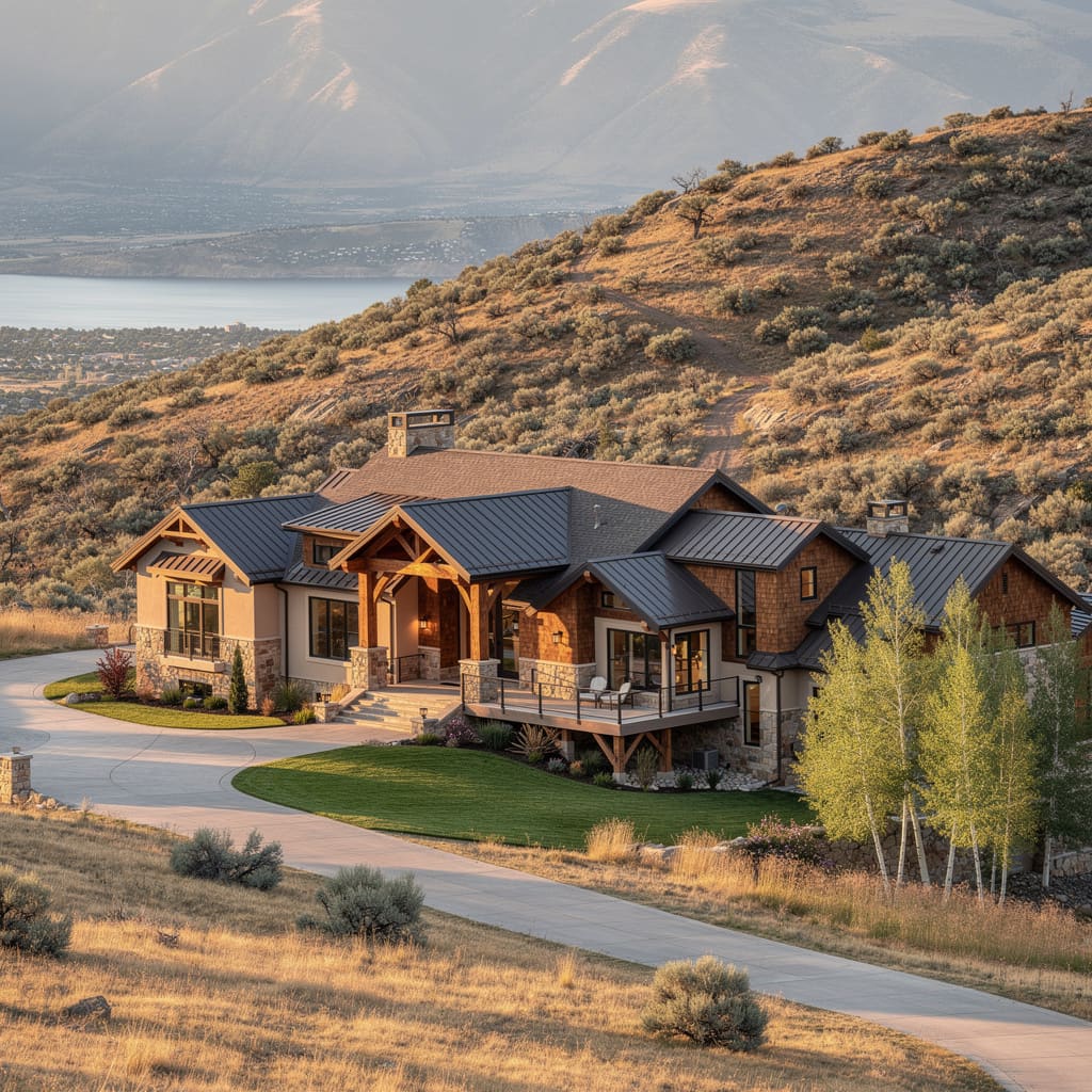 A Studio McGee-style luxury home exterior in the Lambert Park neighborhood of Alpine, UT — premium home cleaning by Salt and Slate