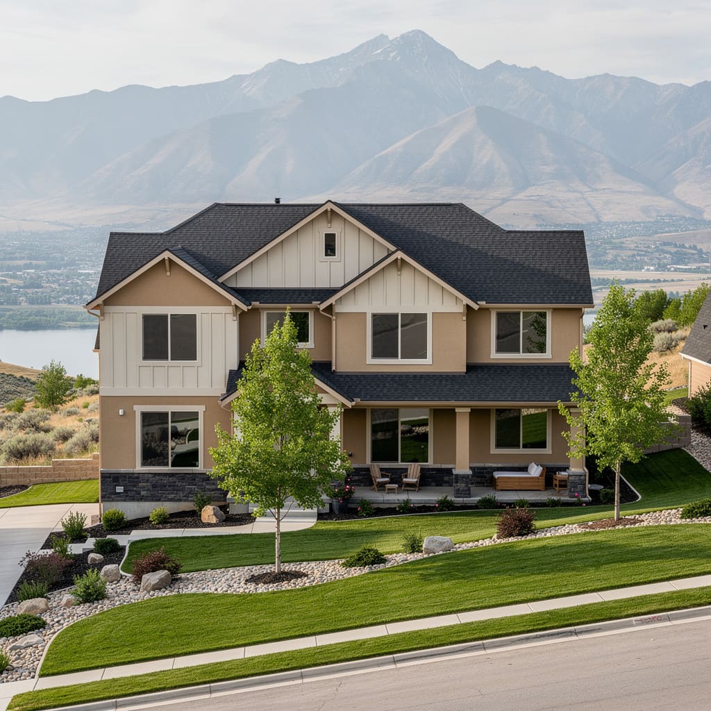 A Studio McGee-style luxury home exterior in the Mitchell Hollow neighborhood of American Fork, UT — premium home cleaning by Salt and Slate