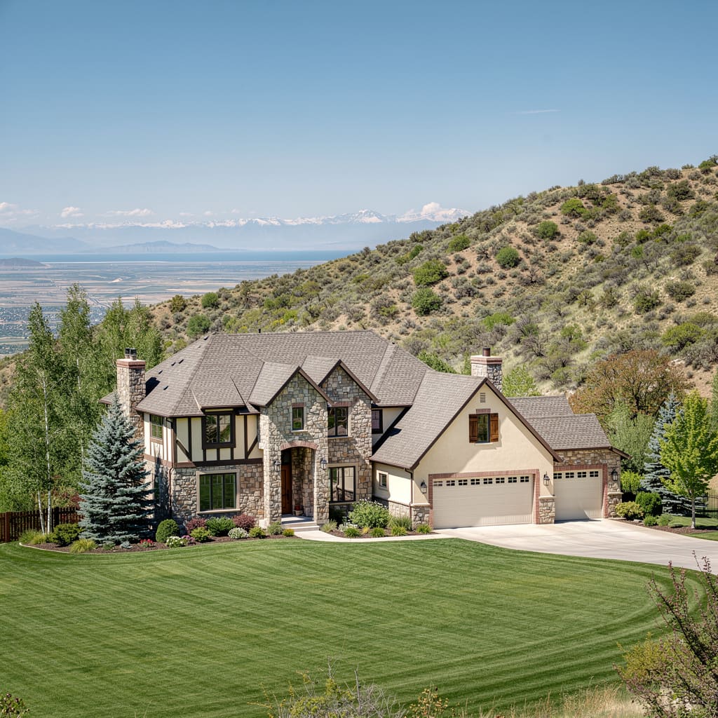 A Studio McGee-style luxury home exterior in the Stone Creek Estates neighborhood of Bountiful, UT — premium home cleaning by Salt and Slate