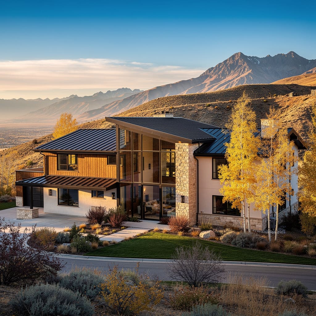 A Studio McGee-style luxury home exterior in the SunCrest neighborhood of Draper, UT — premium home cleaning by Salt and Slate