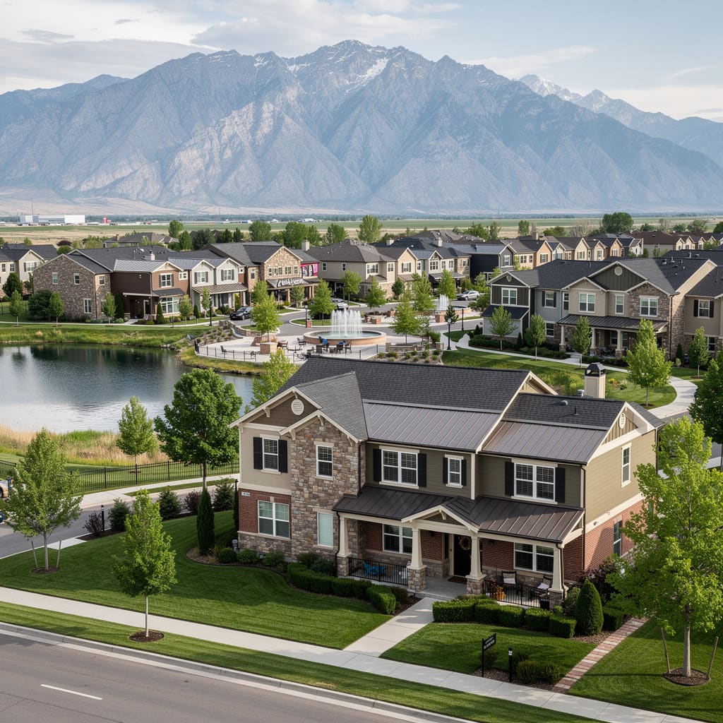 A Studio McGee-style luxury home exterior in the Station Park neighborhood of Farmington, UT — premium home cleaning by Salt and Slate